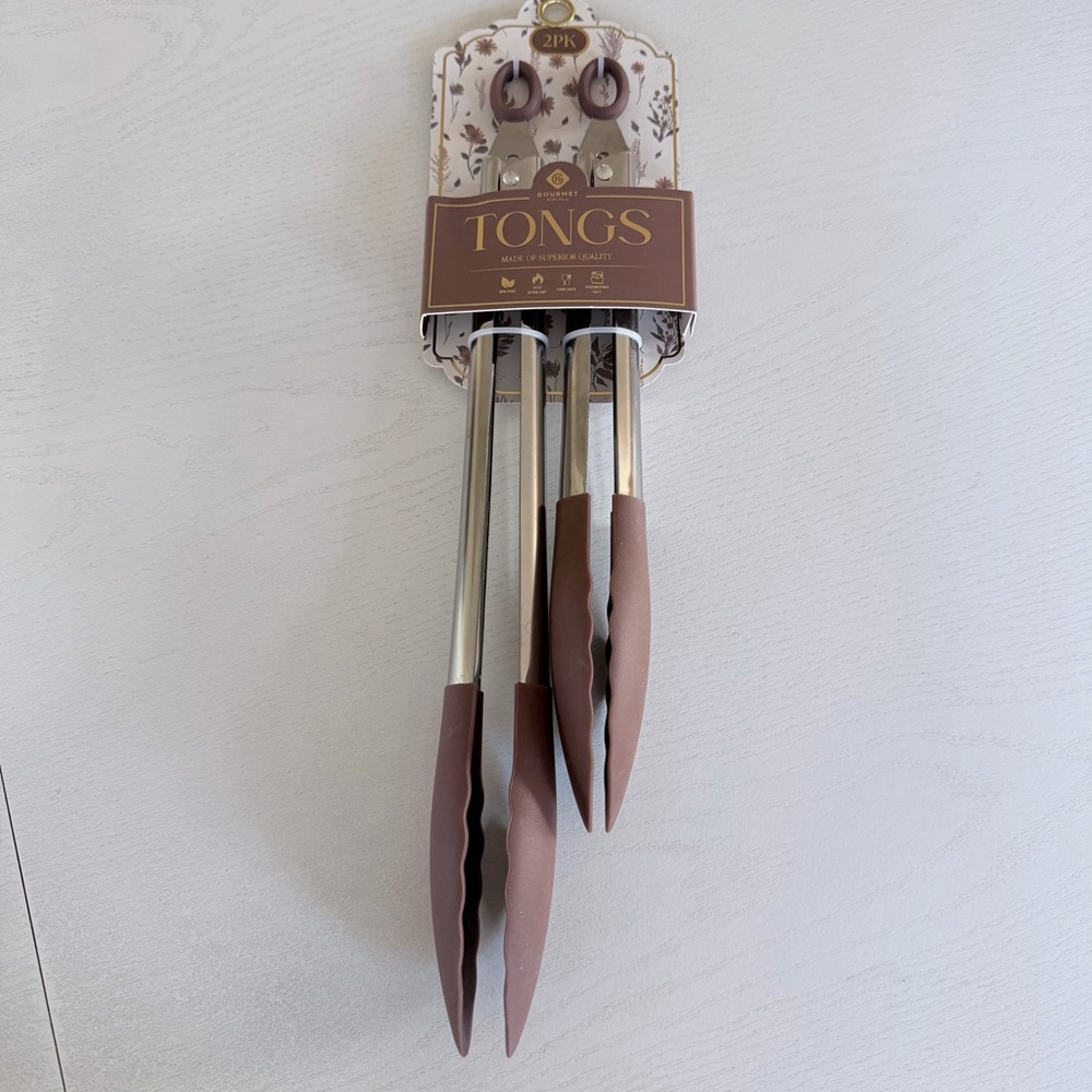 Brown and Silver Gourmet Superior Quality Kitchen Tongs Set of 2